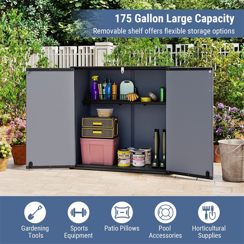 175 Gallon Outdoor Storage Shed, All-Weather Resin Patio Storage Box with Floor, Lockable Door & Removable Shelf, Waterproof Garden Tool Shed