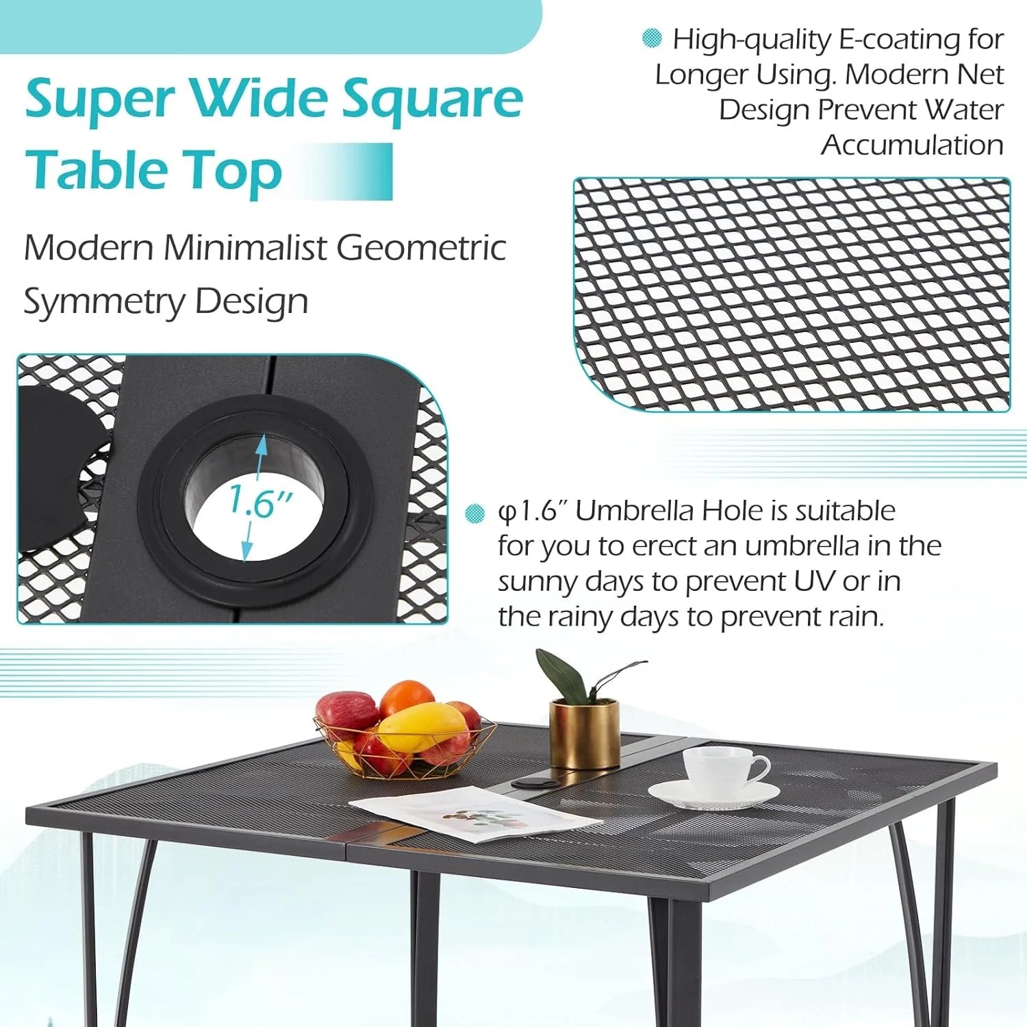 AECOJOY 39.4" Outdoor Patio Dining Table for 4, Metal Patio Table with 1.6" Umbrella Hole