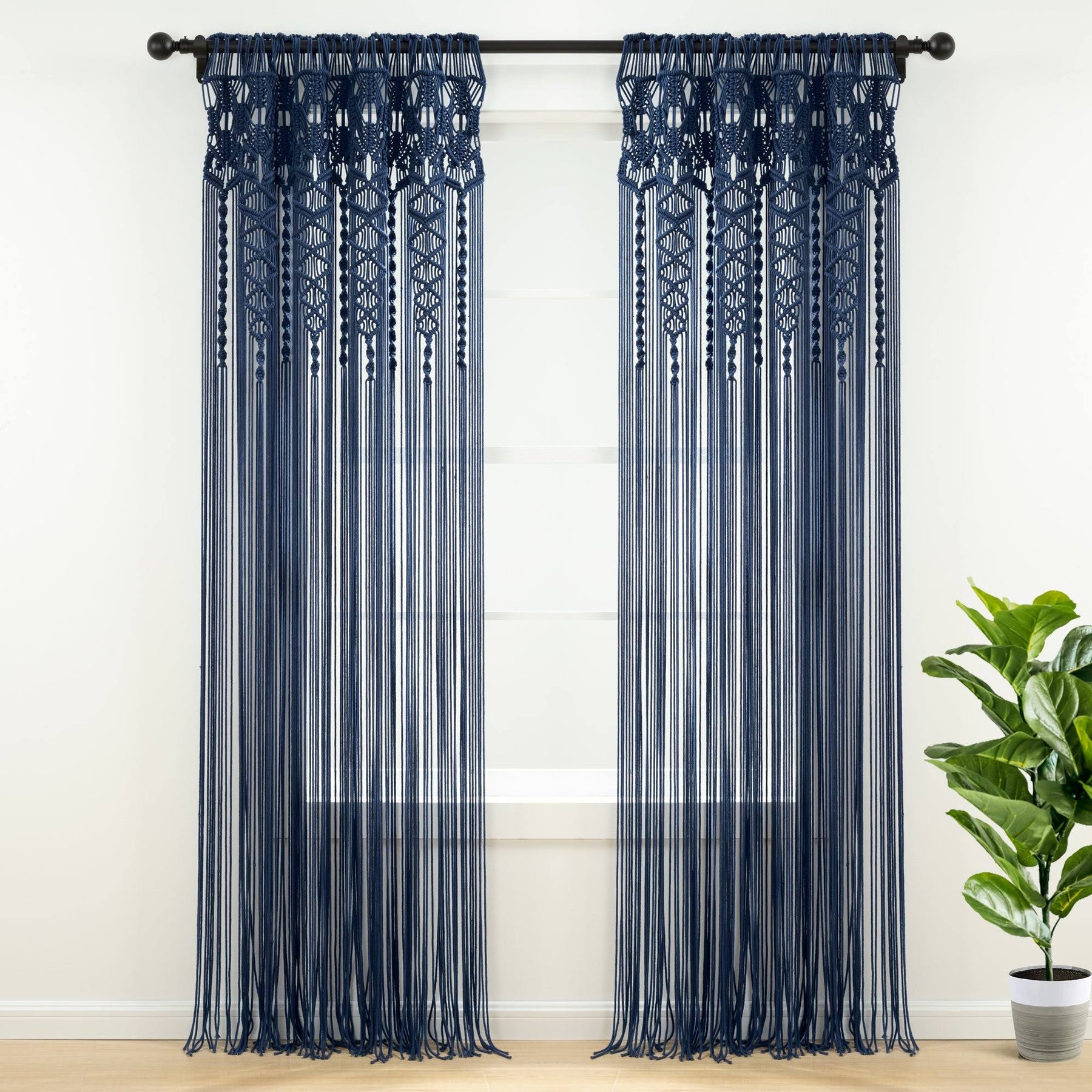 Lush Decor Boho Macrame Textured Cotton Window Curtain/Room Divider/Doorway/Wall Decor - Navy - 84 Inches