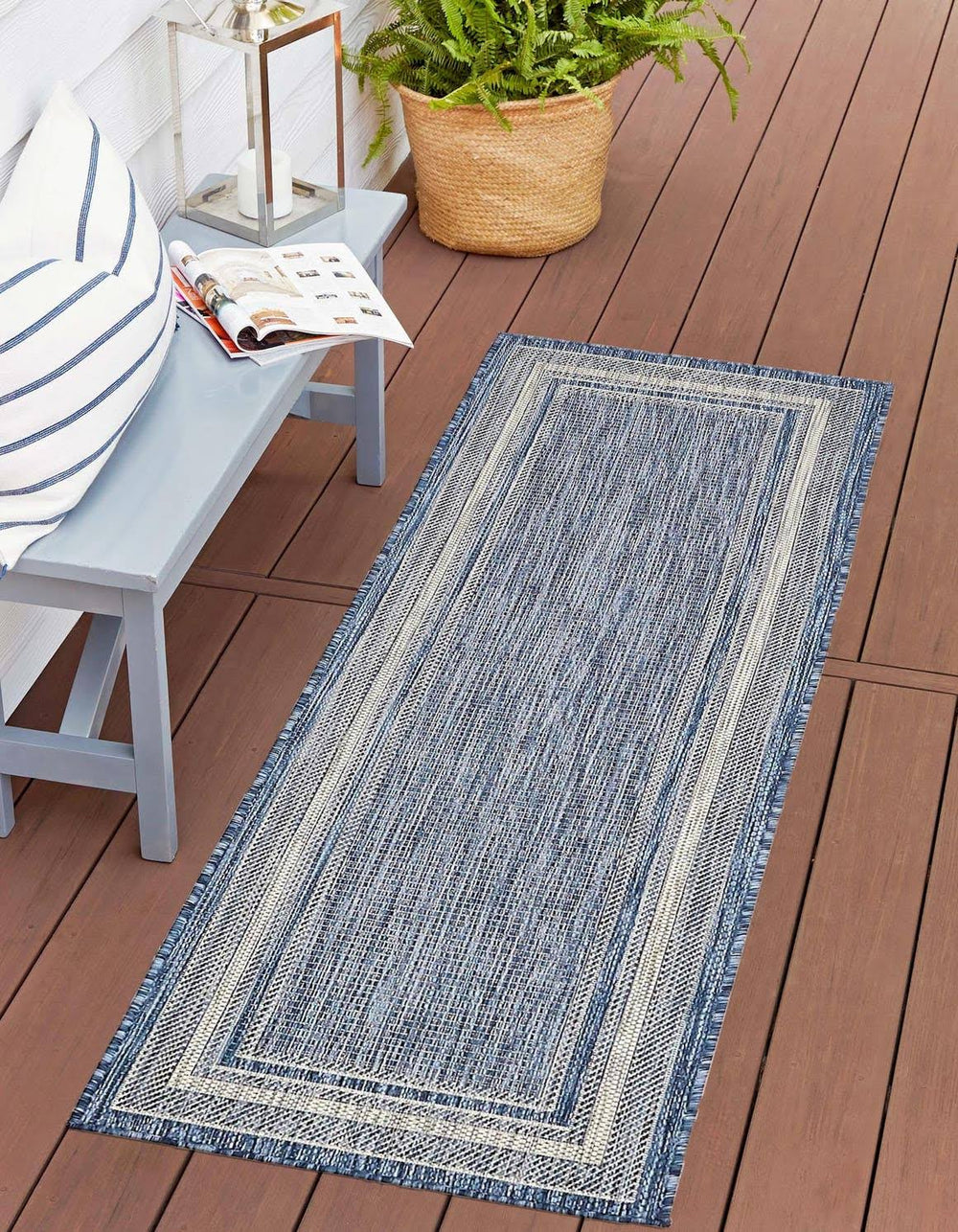 Unique Loom Outdoor Soft Border Rug (2' x 6' Runner - Blue)