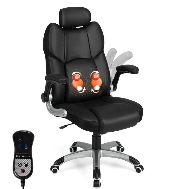 Executive 3D Kneading Massage Office Chair w/ Remote Control, PU Leather Computer Desk Chair w/ Flip-up Armrests, Adjustable Headrest & Lumbar Support